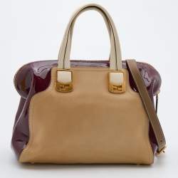Pre Owned Fendi Beige/Burgundy Patent and Leather Chameleon Satchel 