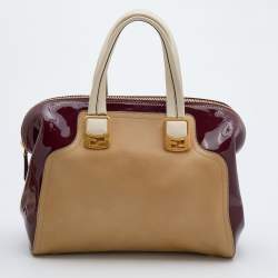 Pre Owned Fendi Beige/Burgundy Patent and Leather Chameleon Satchel 