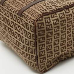 Pre Owned Fendi Brown Zucchino Canvas and Leather Forever Bauletto Boston Bag