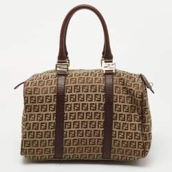 Pre Owned Fendi Brown Zucchino Canvas and Leather Forever Bauletto Boston Bag
