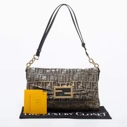 Pre Owned Fendi Silver/Gold Zucca Lurex Fabric Mia Flap Shoulder Bag