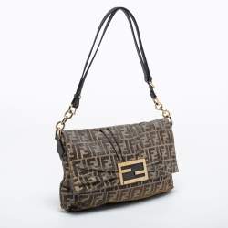 Pre Owned Fendi Silver/Gold Zucca Lurex Fabric Mia Flap Shoulder Bag