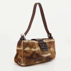 Pre Owned Fendi Brown/Beige Calfhair and Leather Baguette Bag
