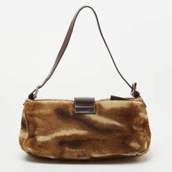 Pre Owned Fendi Brown/Beige Calfhair and Leather Baguette Bag