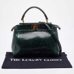 Pre Owned Fendi Green/Black Python Leather Mini Peekaboo Top Handle Bag