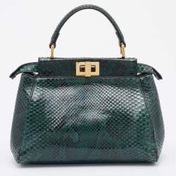 Pre Owned Fendi Green/Black Python Leather Mini Peekaboo Top Handle Bag