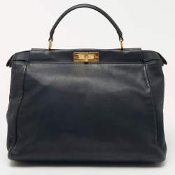 Pre Owned Fendi Dark Blue Leather Large Peekaboo Top Handle Bag