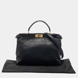 Pre Owned Fendi Dark Blue Leather Large Peekaboo Top Handle Bag