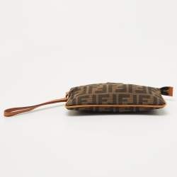 Pre Owned Fendi Beige/Brown Zucca Canvas and Leather Wristlet Pouch