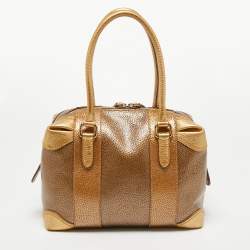 Pre Owned Fendi Gold Pebbled Leather Media Boston Bag