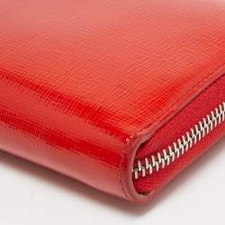 Pre Owned Fendi Red Patent Leather Zip Around Continental Wallet