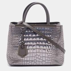 Pre Owned Fendi Silver/Brown Croc Embossed Patent Leather Small 2Jours Tote