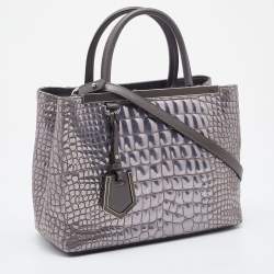 Pre Owned Fendi Silver/Brown Croc Embossed Patent Leather Small 2Jours Tote