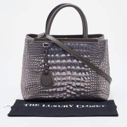 Pre Owned Fendi Silver/Brown Croc Embossed Patent Leather Small 2Jours Tote
