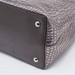 Pre Owned Fendi Silver/Brown Croc Embossed Patent Leather Small 2Jours Tote