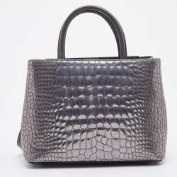 Pre Owned Fendi Silver/Brown Croc Embossed Patent Leather Small 2Jours Tote