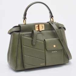 Pre Owned Fendi Olive Green Leather Mini Peekaboo Front Pocket Top Handle Bag