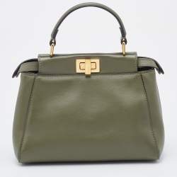 Pre Owned Fendi Olive Green Leather Mini Peekaboo Front Pocket Top Handle Bag