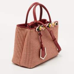Pre Owned Fendi Red/Beige Raffia and Leather Mini Flowerland Embellished 2Jours Tote