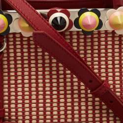 Pre Owned Fendi Red/Beige Raffia and Leather Mini Flowerland Embellished 2Jours Tote