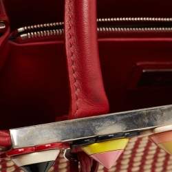Pre Owned Fendi Red/Beige Raffia and Leather Mini Flowerland Embellished 2Jours Tote