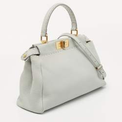 Pre Owned Fendi Light Blue Selleria Leather Made To Order Peekaboo Top Handle Bag