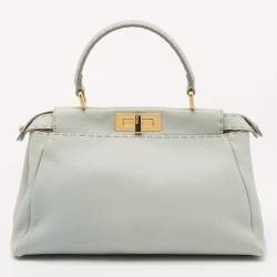 Pre Owned Fendi Light Blue Selleria Leather Made To Order Peekaboo Top Handle Bag