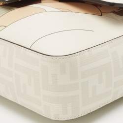Fendi White FF Glazed Coated Canvas and Leather Inlay Baguette Shoulder Bag