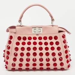 Pre Owned Fendi Light Pink Leather Mini Peekaboo Studded Top Handle Bag