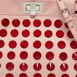 Pre Owned Fendi Light Pink Leather Mini Peekaboo Studded Top Handle Bag
