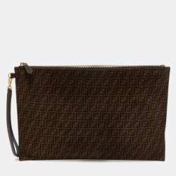Pre Owned Fendi Tobacco Zucchino Suede and Leather Zip Wristlet Pouch