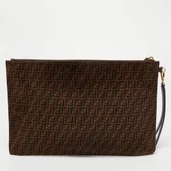 Pre Owned Fendi Tobacco Zucchino Suede and Leather Zip Wristlet Pouch
