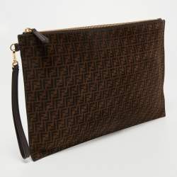 Pre Owned Fendi Tobacco Zucchino Suede and Leather Zip Wristlet Pouch