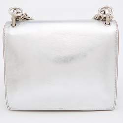 Pre Owned Fendi Metallic Silver Leather Studded Mini Kan I Chain Shoulder Bag