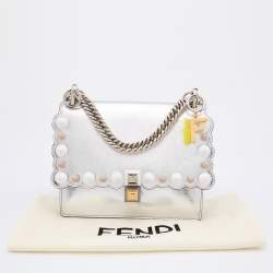 Pre Owned Fendi Metallic Silver Leather Studded Mini Kan I Chain Shoulder Bag