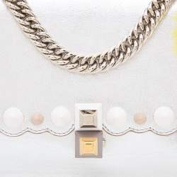 Pre Owned Fendi Metallic Silver Leather Studded Mini Kan I Chain Shoulder Bag