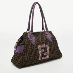 Pre Owned Fendi Tobacco/Purple Zucca Canvas and Suede Medium Chef De Jour Bag