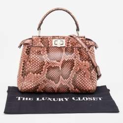 Pre Owned Fendi Peach/Brown Python Leather Mini Peekaboo Top Handle Bag