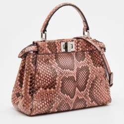 Pre Owned Fendi Peach/Brown Python Leather Mini Peekaboo Top Handle Bag