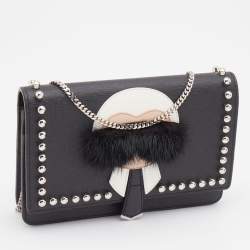 Pre Owned Fendi Black Leather Studded Karlito Wallet on Chain