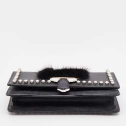 Pre Owned Fendi Black Leather Studded Karlito Wallet on Chain