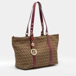 Pre Owned Fendi Tobacco/Magenta Zucchino Canvas and Patent Leather Shopper Tote