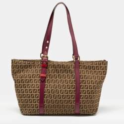 Pre Owned Fendi Tobacco/Magenta Zucchino Canvas and Patent Leather Shopper Tote