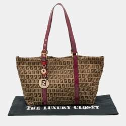 Pre Owned Fendi Tobacco/Magenta Zucchino Canvas and Patent Leather Shopper Tote