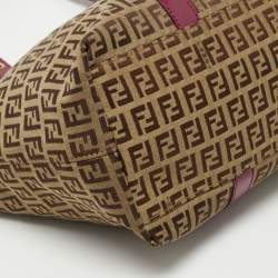 Pre Owned Fendi Tobacco/Magenta Zucchino Canvas and Patent Leather Shopper Tote