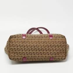 Pre Owned Fendi Tobacco/Magenta Zucchino Canvas and Patent Leather Shopper Tote
