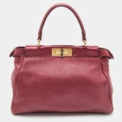 Pre Owned Fendi Metallic Red Leather Sellier Medium Peekaboo Top Handle Bag
