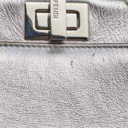 Pre Owned Fendi Silver Leather Mini Peekaboo Top Handle Bag