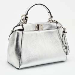 Pre Owned Fendi Silver Leather Mini Peekaboo Top Handle Bag