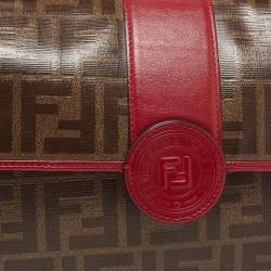 Pre Owned Fendi Tobacco/Red Zucca Coated Canvas and Leather Double F Top Handle Bag